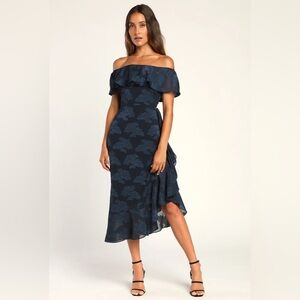 Lulu’s Pretty Perfect Navy Blue Floral Burnout Off-The-Shoulder Midi Dress